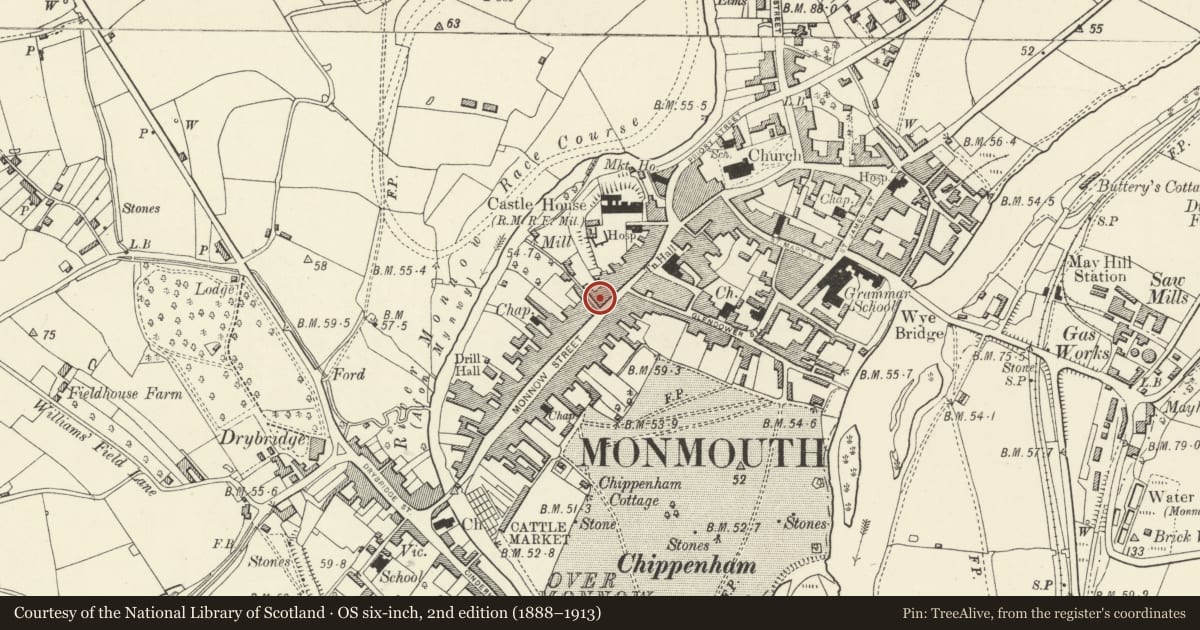 Ordnance Survey six-inch map, 2nd edition (1888–1913) covering the location of 25 Monnow Street, Monmouth, Monmouthshire, with a pin at the register's coordinates