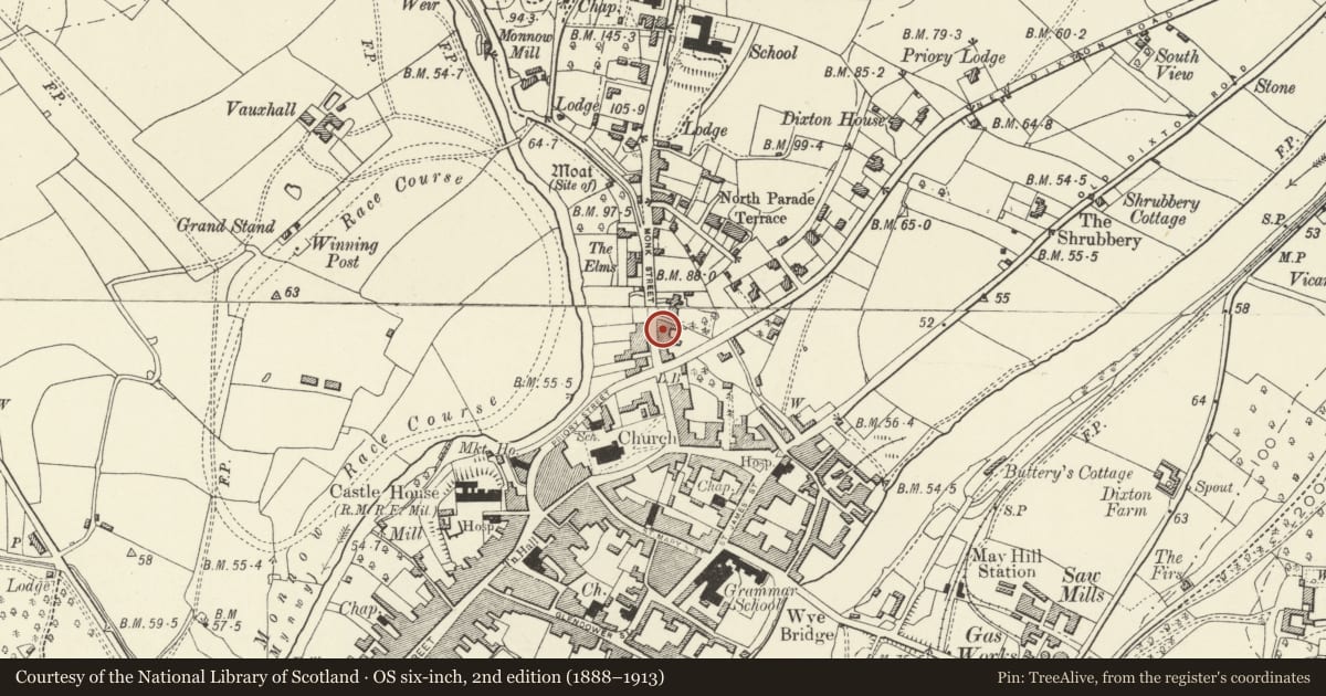 Ordnance Survey six-inch map, 2nd edition (1888–1913) covering the location of 17 Monk Street, Monmouth, Monmouthshire, with a pin at the register's coordinates