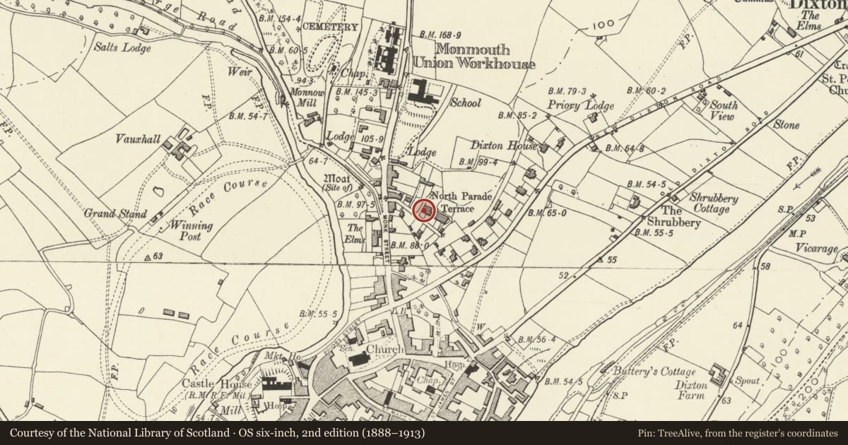 Ordnance Survey six-inch map, 2nd edition (1888–1913) covering the location of 17 Monkswell Road, Monmouth, Monmouthshire, with a pin at the register's coordinates