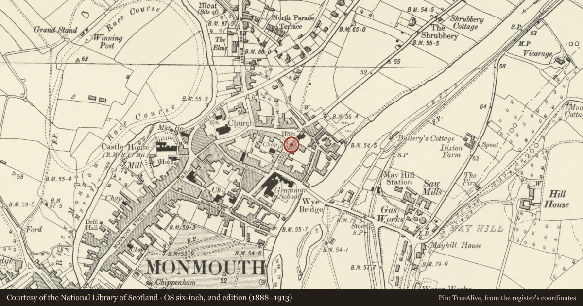 Ordnance Survey six-inch map, 2nd edition (1888–1913) covering the location of 17 St. James' Street, Monmouth, Monmouthshire, with a pin at the register's coordinates