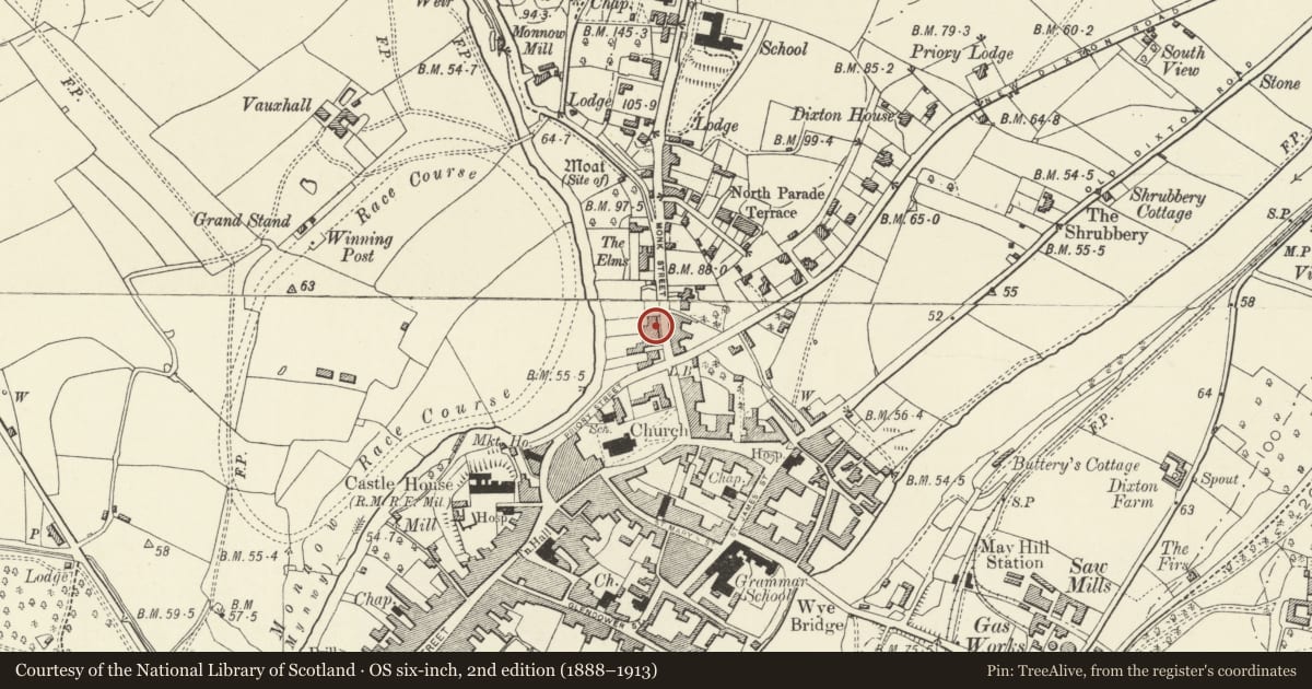 Ordnance Survey six-inch map, 2nd edition (1888–1913) covering the location of 18 Monk Street, Monmouth, Monmouthshire, with a pin at the register's coordinates