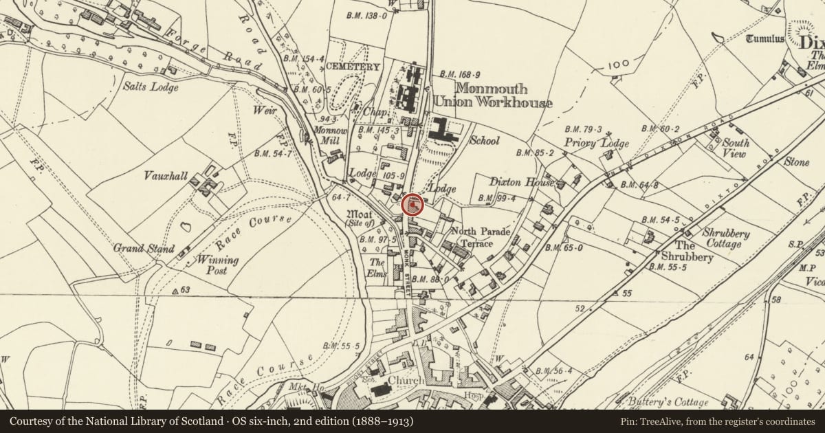 Ordnance Survey six-inch map, 2nd edition (1888–1913) covering the location of 18 Hereford Road, Monmouth, Monmouthshire, with a pin at the register's coordinates