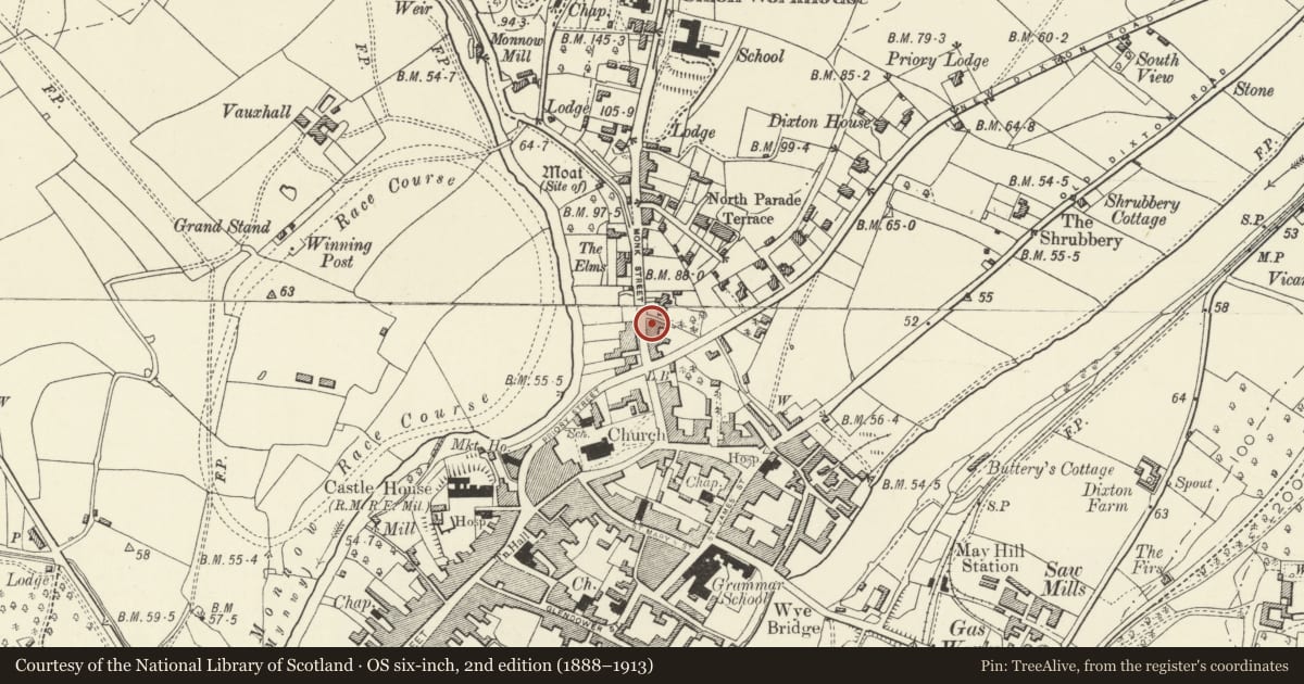 Ordnance Survey six-inch map, 2nd edition (1888–1913) covering the location of 19 Monk Street, Monmouth, Monmouthshire, with a pin at the register's coordinates