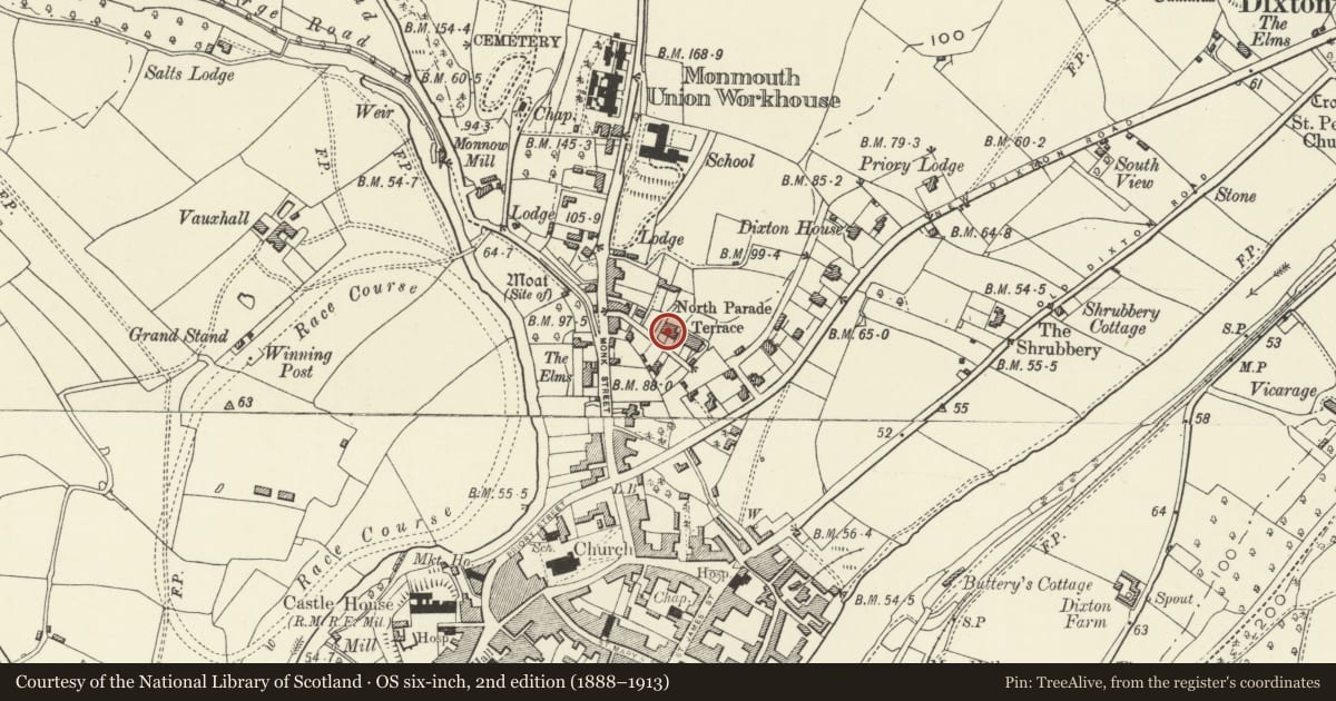 Ordnance Survey six-inch map, 2nd edition (1888–1913) covering the location of 19 Monkswell Road, Monmouth, Monmouthshire, with a pin at the register's coordinates