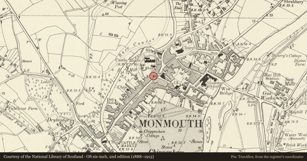 Ordnance Survey six-inch map, 2nd edition (1888–1913) covering the location of 1a Monnow Street, Monmouth, Monmouthshire, with a pin at the register's coordinates