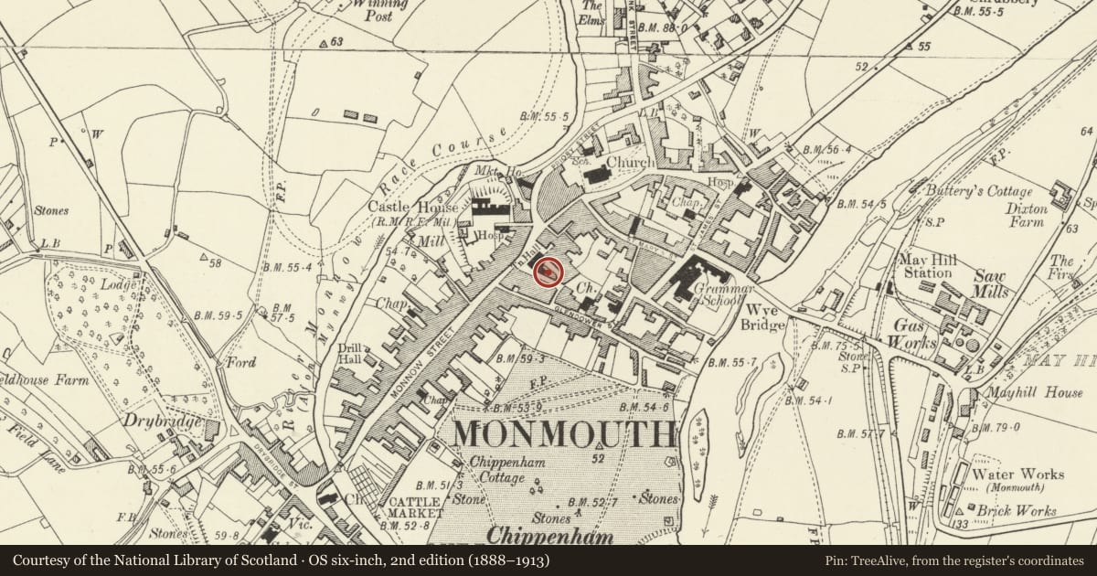 Ordnance Survey six-inch map, 2nd edition (1888–1913) covering the location of 2 Agincourt Street, Monmouth, Monmouthshire, with a pin at the register's coordinates