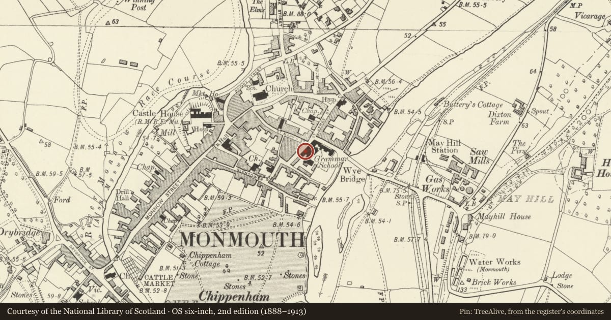 Ordnance Survey six-inch map, 2nd edition (1888–1913) covering the location of Block between the Library and the Almshouses including the William Jones Room, Monmouth Boys School, Monmouthshire, with a pin at the register's coordinates