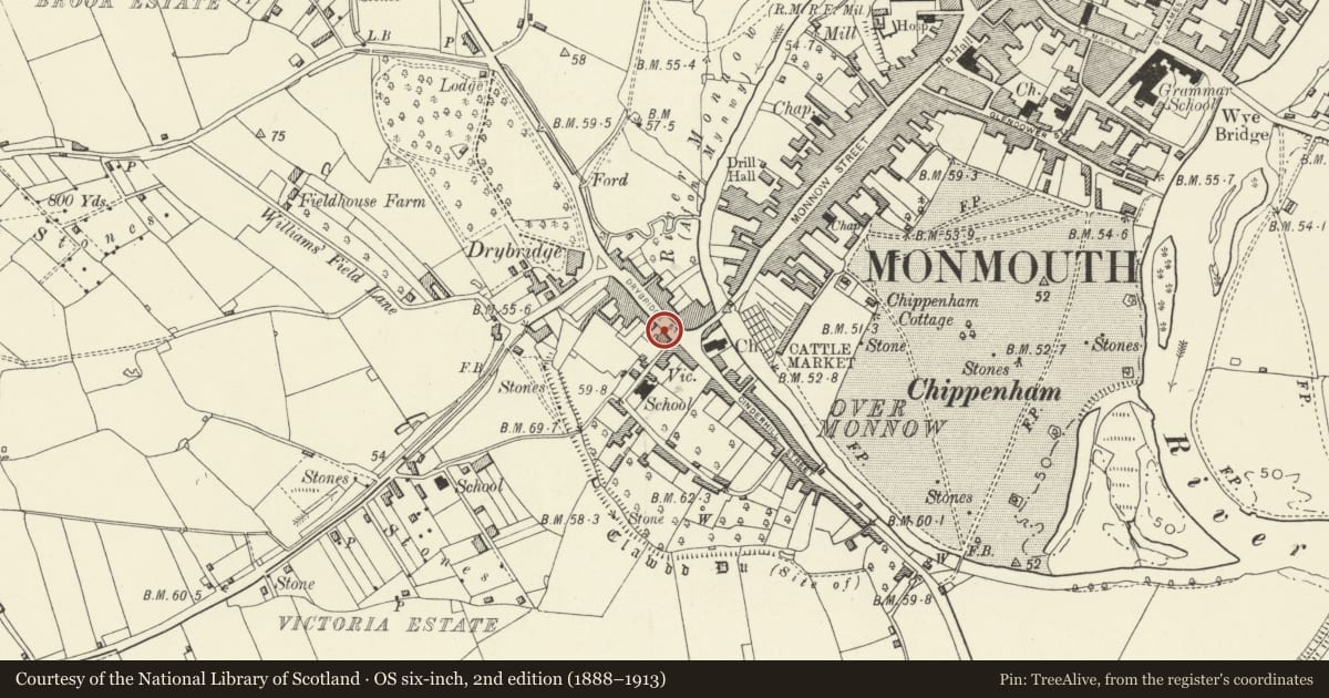 Ordnance Survey six-inch map, 2nd edition (1888–1913) covering the location of Ivy Cottage, Monmouth, Monmouthshire, with a pin at the register's coordinates
