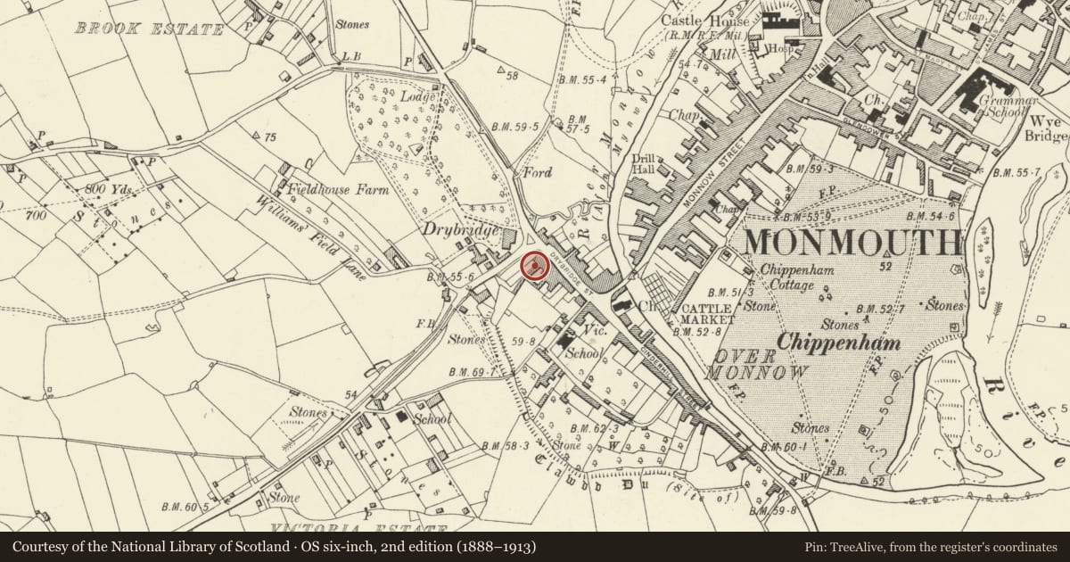 Ordnance Survey six-inch map, 2nd edition (1888–1913) covering the location of 2 Drybridge Terrace, Monmouth, Monmouthshire, with a pin at the register's coordinates