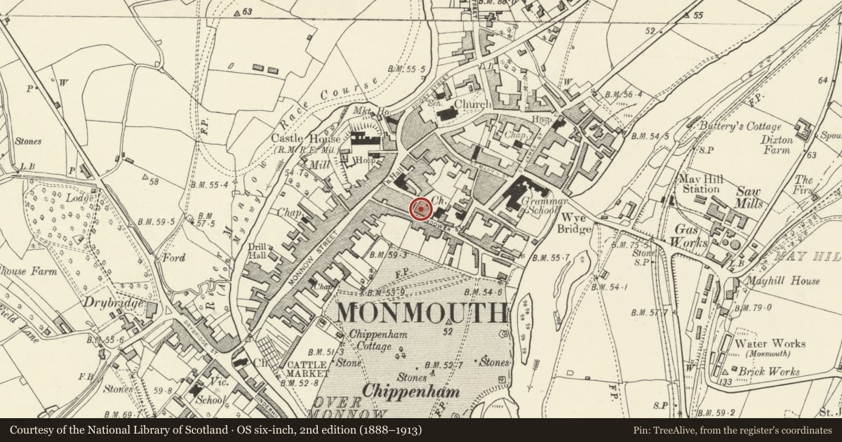 Ordnance Survey six-inch map, 2nd edition (1888–1913) covering the location of Nelson Rooms, Monmouth, Monmouthshire, with a pin at the register's coordinates