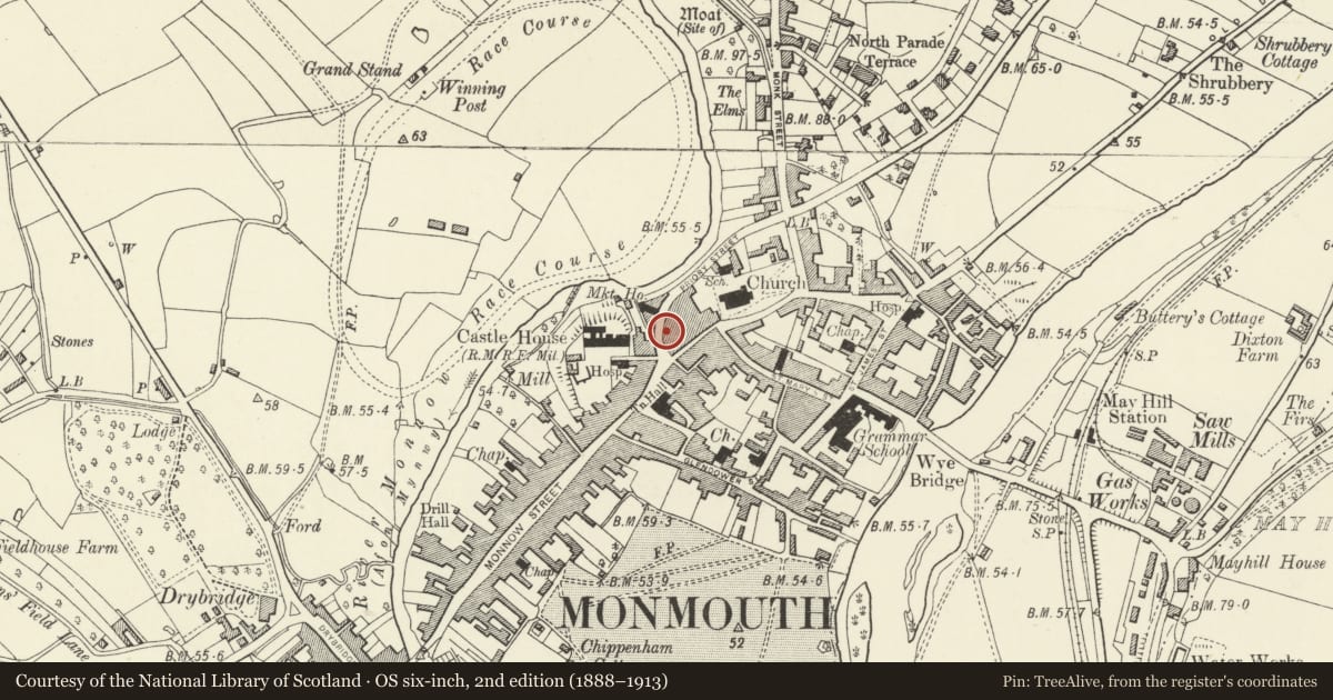 Ordnance Survey six-inch map, 2nd edition (1888–1913) covering the location of 2 Priory Street, Monmouth, Monmouthshire, with a pin at the register's coordinates