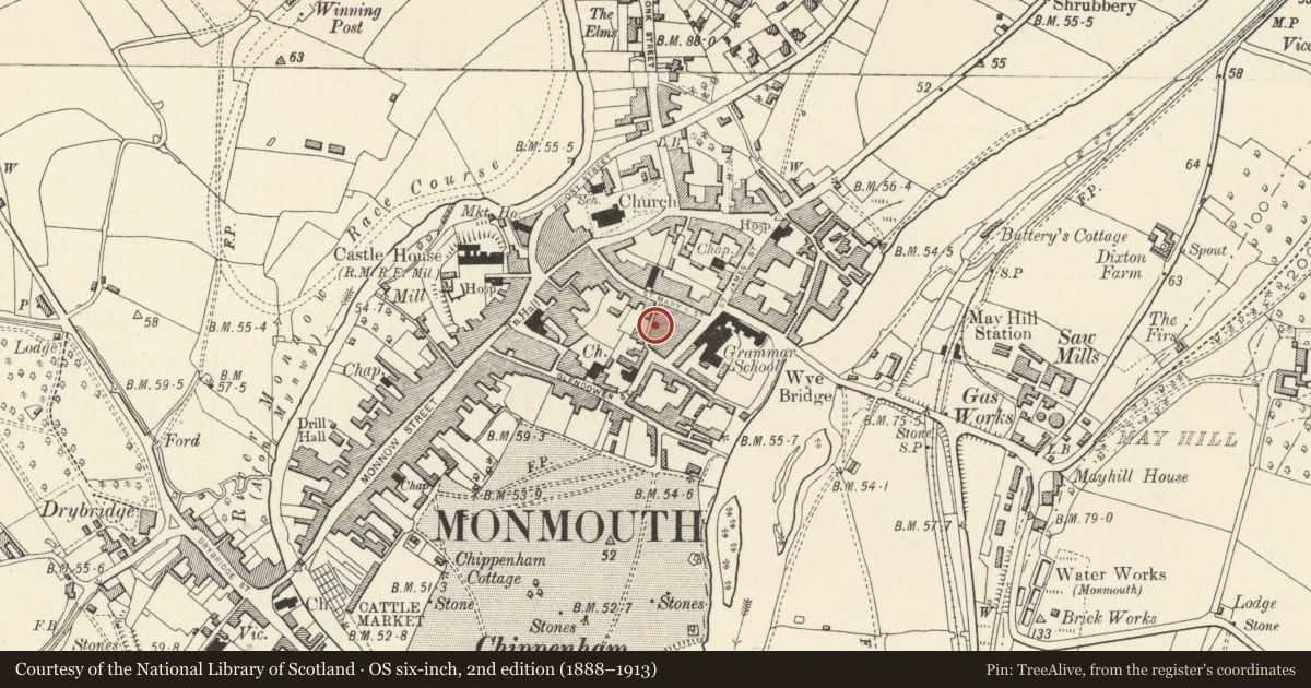 Ordnance Survey six-inch map, 2nd edition (1888–1913) covering the location of Worcester House, Monmouth, Monmouthshire, with a pin at the register's coordinates