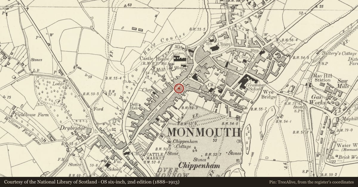 Ordnance Survey six-inch map, 2nd edition (1888–1913) covering the location of 20 Monnow Street, Monmouth, Monmouthshire, with a pin at the register's coordinates