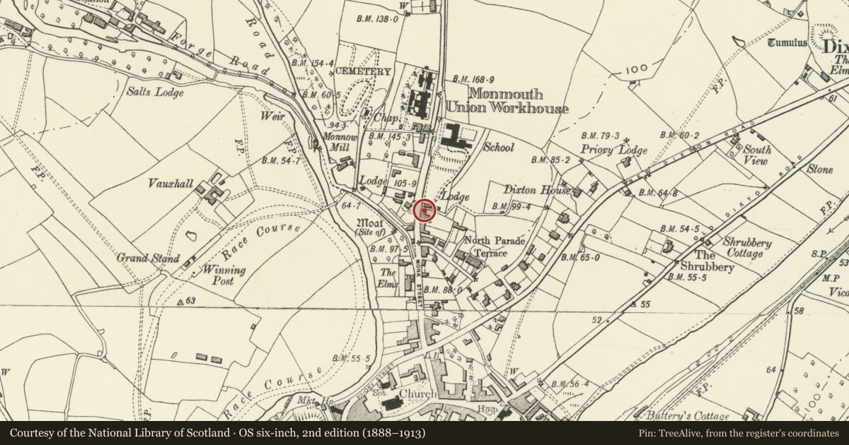 Ordnance Survey six-inch map, 2nd edition (1888–1913) covering the location of 20 Hereford Road, Monmouth, Monmouthshire, with a pin at the register's coordinates