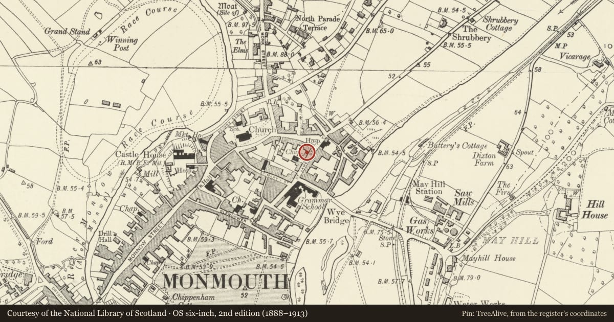 Ordnance Survey six-inch map, 2nd edition (1888–1913) covering the location of 20 St. James' Street, Monmouth, Monmouthshire, with a pin at the register's coordinates