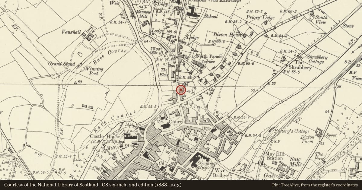 Ordnance Survey six-inch map, 2nd edition (1888–1913) covering the location of 21 Monk Street, Monmouth, Monmouthshire, with a pin at the register's coordinates