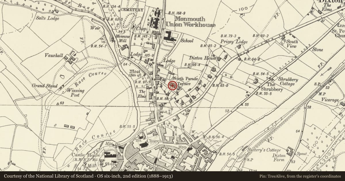 Ordnance Survey six-inch map, 2nd edition (1888–1913) covering the location of 21 Monkswell Road, Monmouth, Monmouthshire, with a pin at the register's coordinates