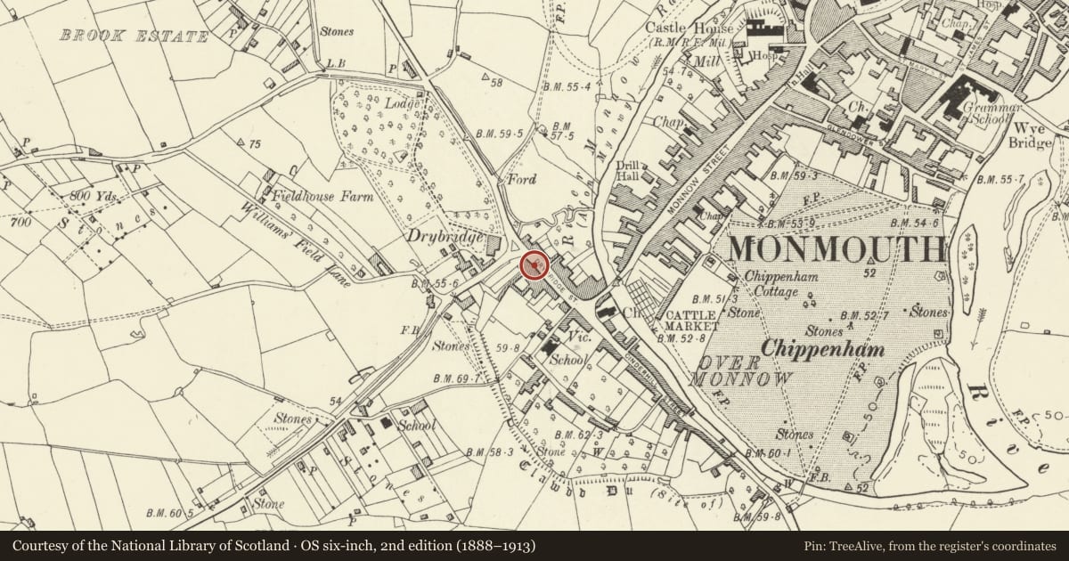 Ordnance Survey six-inch map, 2nd edition (1888–1913) covering the location of 22 Drybridge Street, Monmouth, Monmouthshire, with a pin at the register's coordinates
