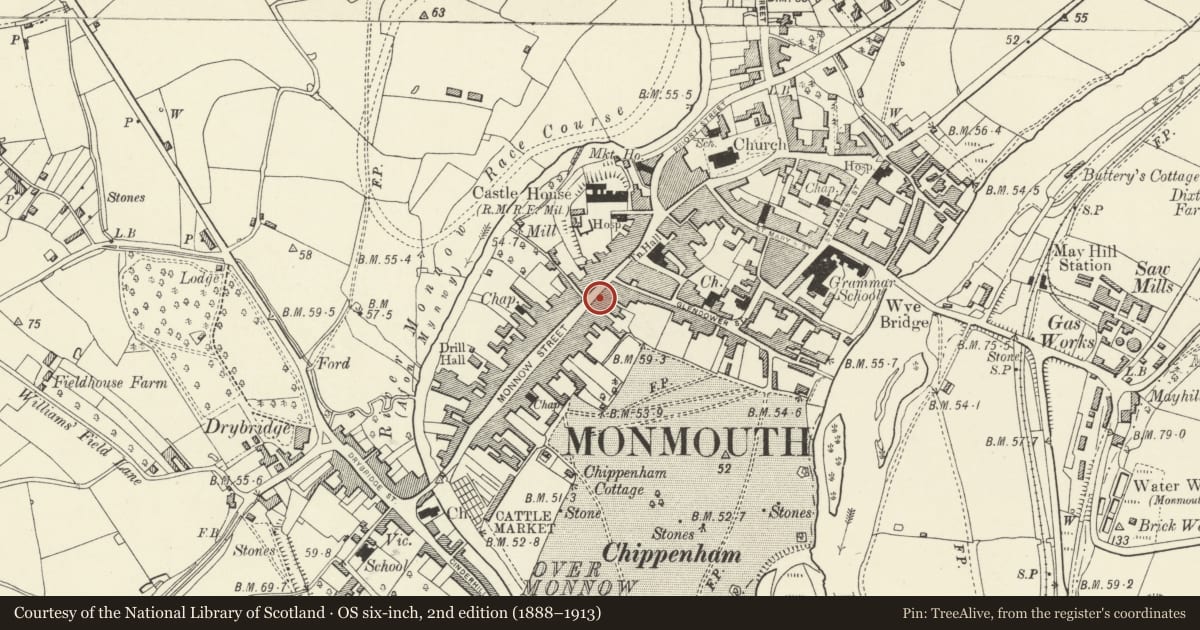 Ordnance Survey six-inch map, 2nd edition (1888–1913) covering the location of 22 Monnow Street, Monmouth, Monmouthshire, with a pin at the register's coordinates