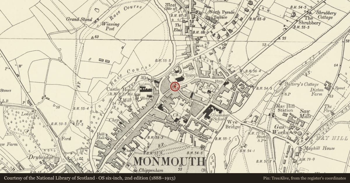 Ordnance Survey six-inch map, 2nd edition (1888–1913) covering the location of 23 Church Street, Monmouth, Monmouthshire, with a pin at the register's coordinates