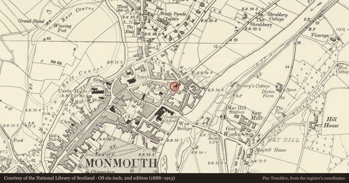 Ordnance Survey six-inch map, 2nd edition (1888–1913) covering the location of 22 St. James' Square, Monmouth, Monmouthshire, with a pin at the register's coordinates
