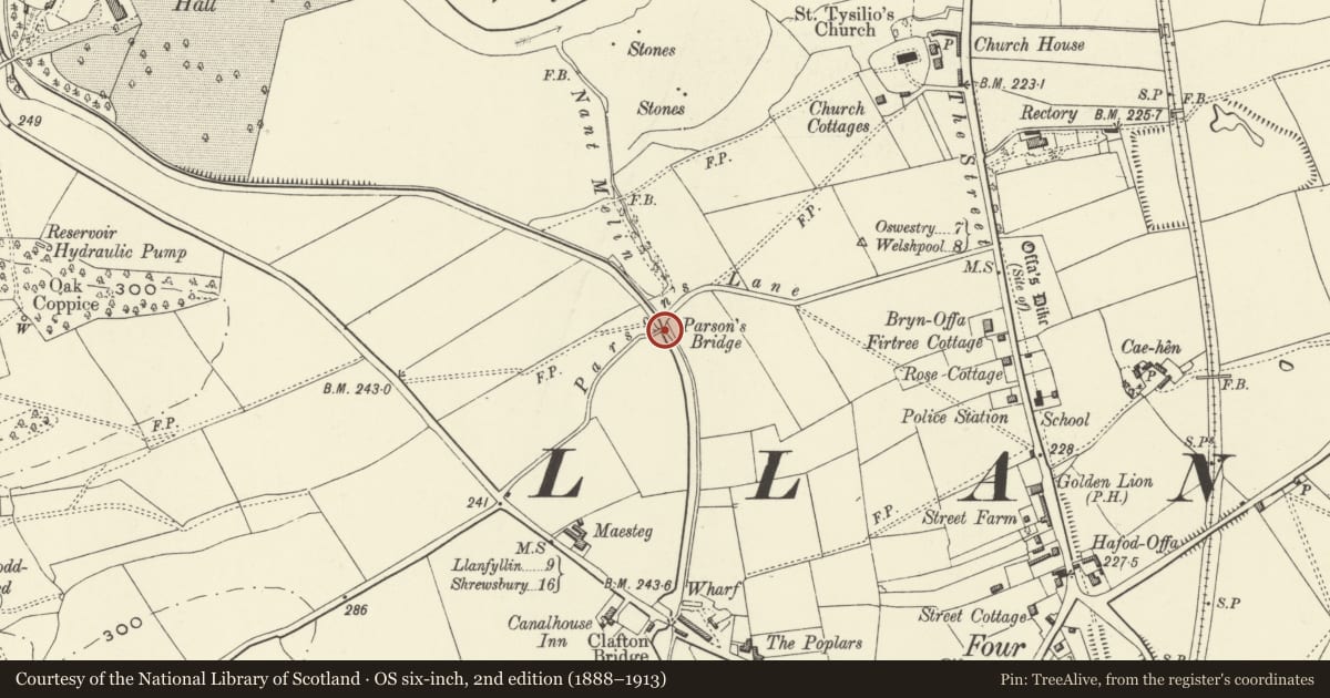 Ordnance Survey six-inch map, 2nd edition (1888–1913) covering the location of Parson's Bridge (No.99) over Montgomeryshire Canal, Llandysilio, Powys, with a pin at the register's coordinates