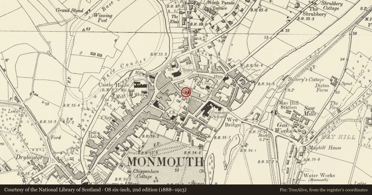 Ordnance Survey six-inch map, 2nd edition (1888–1913) covering the location of 24 St. Mary's Street, Monmouth, Monmouthshire, with a pin at the register's coordinates