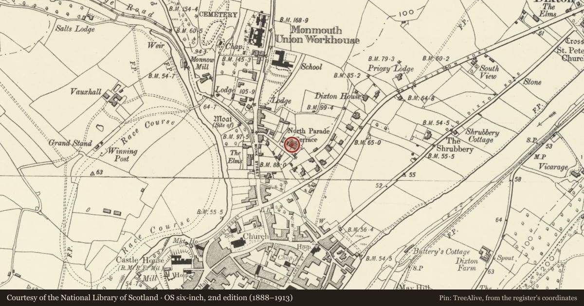 Ordnance Survey six-inch map, 2nd edition (1888–1913) covering the location of 25 Monkswell Road, Monmouth, Monmouthshire, with a pin at the register's coordinates