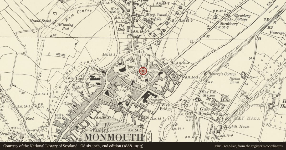 Ordnance Survey six-inch map, 2nd edition (1888–1913) covering the location of 25 Whitecross Street, Monmouth, Monmouthshire, with a pin at the register's coordinates