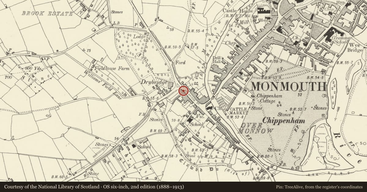Ordnance Survey six-inch map, 2nd edition (1888–1913) covering the location of 26 Drybridge Street, Monmouth, Monmouthshire, with a pin at the register's coordinates