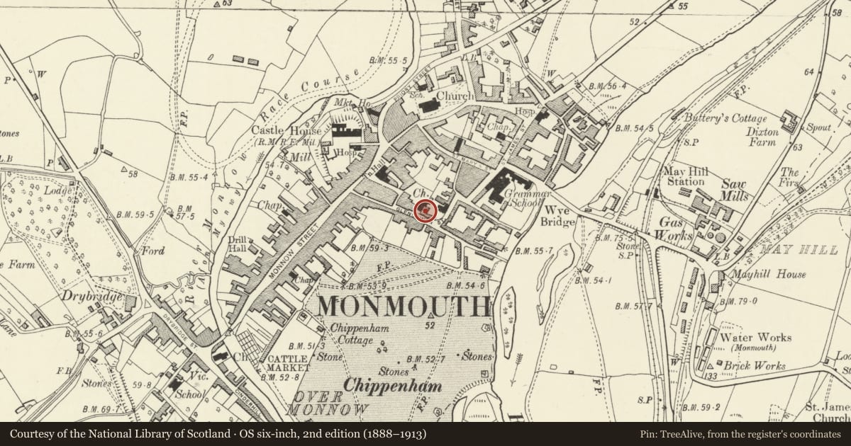 Ordnance Survey six-inch map, 2nd edition (1888–1913) covering the location of 14 Glendower Street, Monmouth, Monmouthshire, with a pin at the register's coordinates