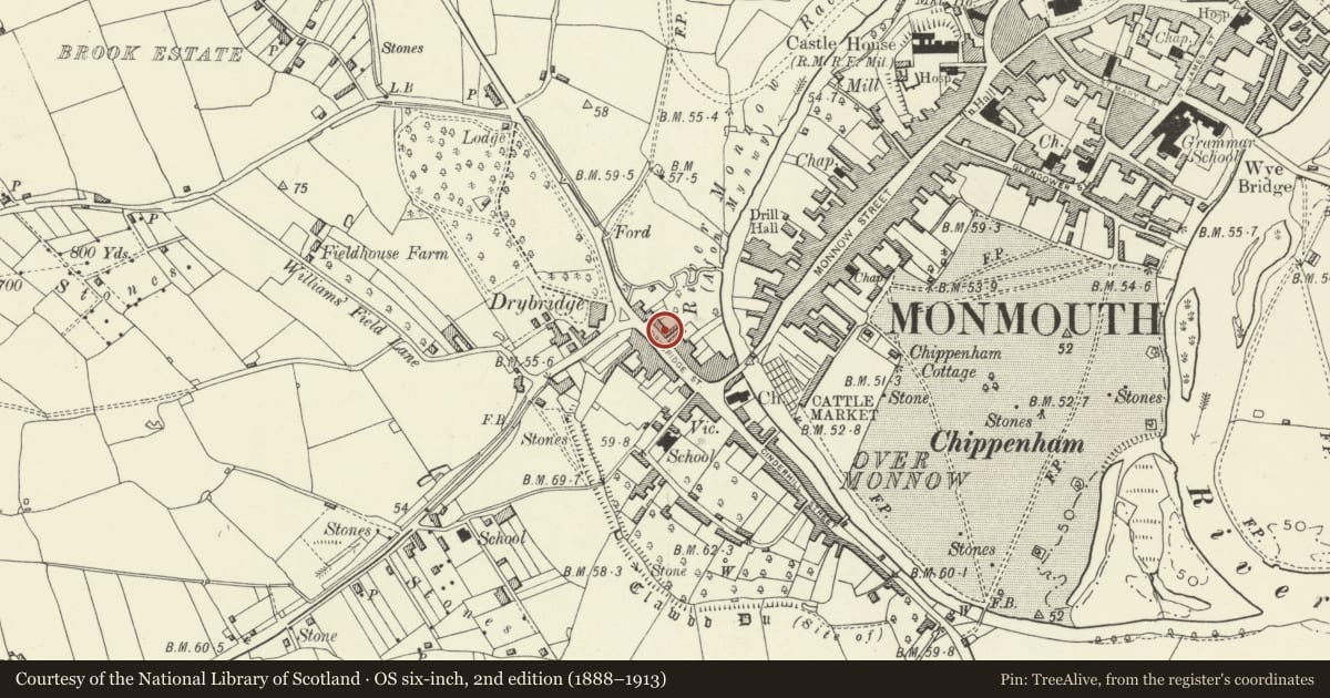 Ordnance Survey six-inch map, 2nd edition (1888–1913) covering the location of 27 Drybridge Street, Monmouth, Monmouthshire, with a pin at the register's coordinates