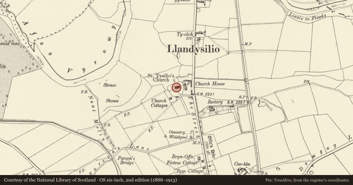 Ordnance Survey six-inch map, 2nd edition (1888–1913) covering the location of Church of St. Tysilio, Llandysilio, Powys, with a pin at the register's coordinates