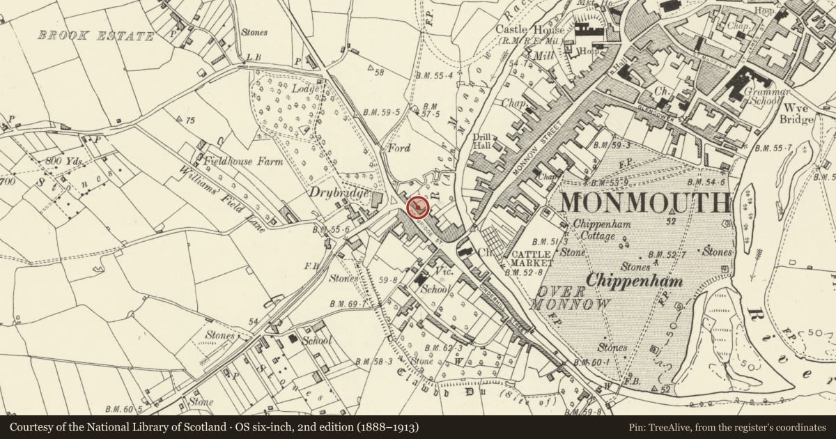 Ordnance Survey six-inch map, 2nd edition (1888–1913) covering the location of 29 Drybridge Street, Monmouth, Monmouthshire, with a pin at the register's coordinates