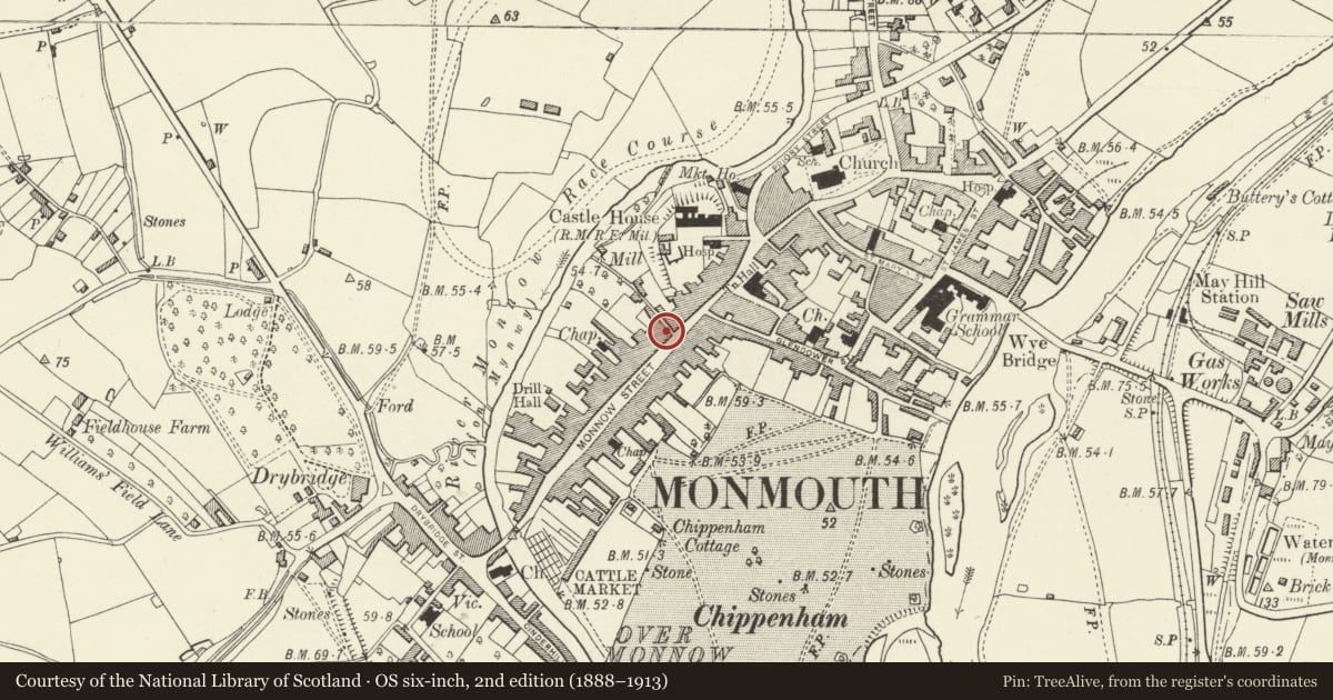 Ordnance Survey six-inch map, 2nd edition (1888–1913) covering the location of 27 & 29 Monnow Street, Monmouth, Monmouthshire, with a pin at the register's coordinates