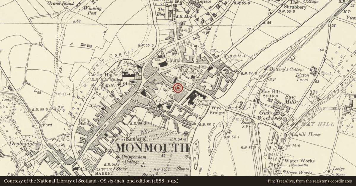 Ordnance Survey six-inch map, 2nd edition (1888–1913) covering the location of 29 St. Mary's Street, Monmouth, Monmouthshire, with a pin at the register's coordinates
