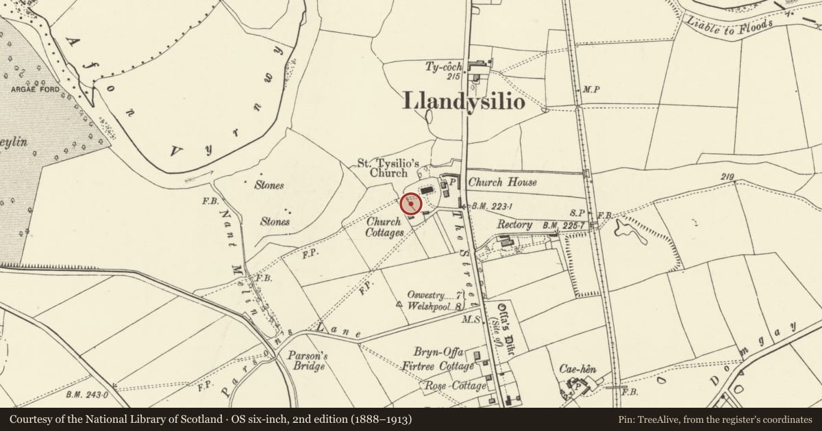 Ordnance Survey six-inch map, 2nd edition (1888–1913) covering the location of Circular Churchyard & Pillar Sundial at Church of St.Tysilio, Llandysilio, Powys, with a pin at the register's coordinates