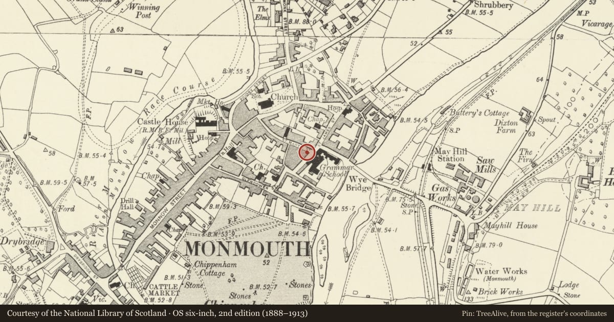 Ordnance Survey six-inch map, 2nd edition (1888–1913) covering the location of 12 Almshouse Street, Monmouth, Monmouthshire, with a pin at the register's coordinates