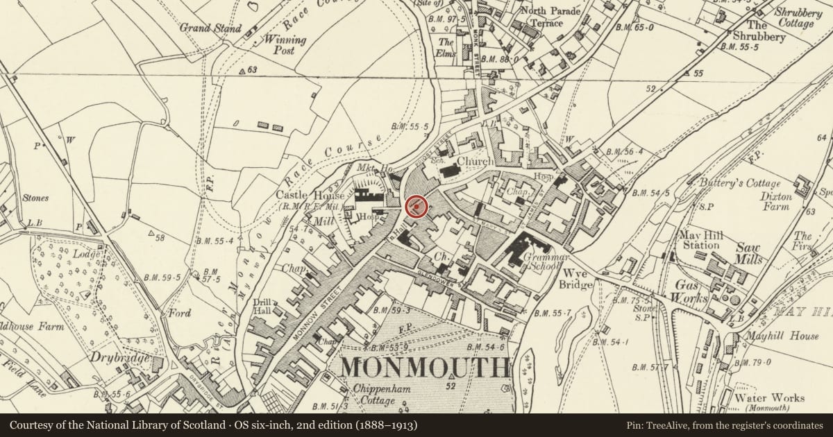 Ordnance Survey six-inch map, 2nd edition (1888–1913) covering the location of 3 Church Street, Monmouth, Monmouthshire, with a pin at the register's coordinates