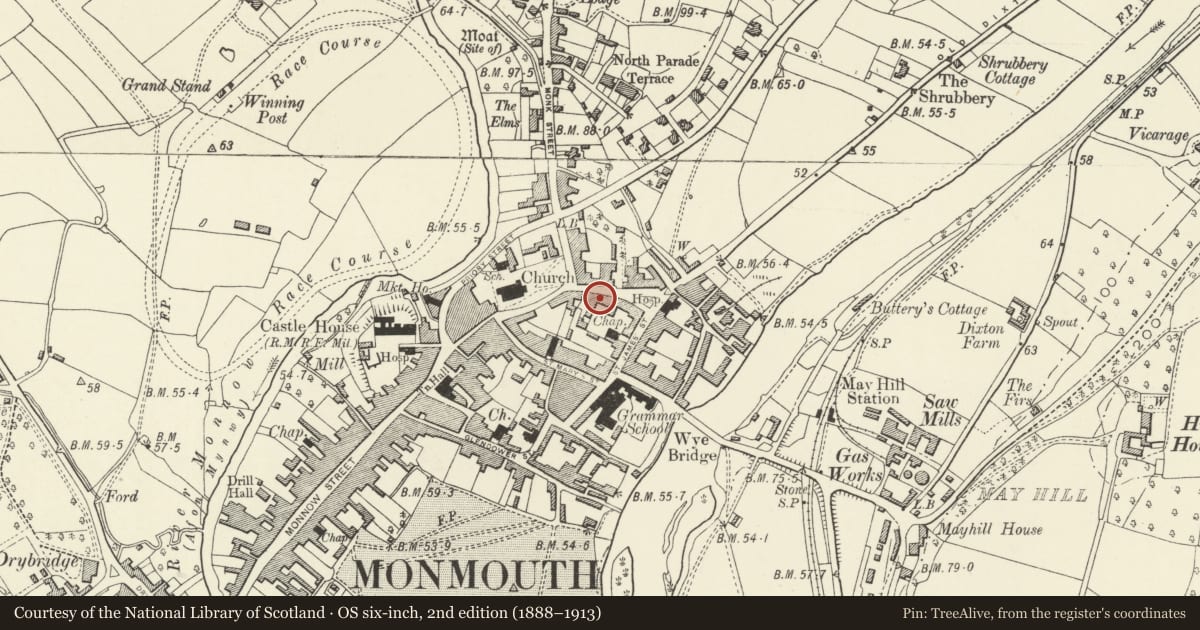 Ordnance Survey six-inch map, 2nd edition (1888–1913) covering the location of 3 St. James' Mews, Monmouth, Monmouthshire, with a pin at the register's coordinates