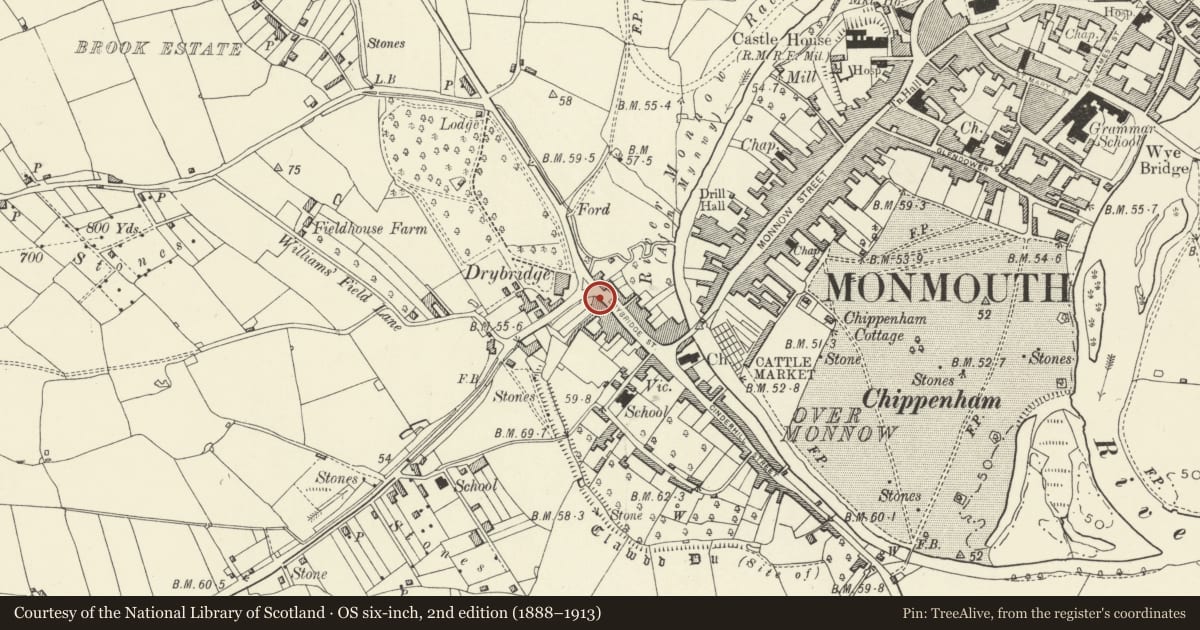 Ordnance Survey six-inch map, 2nd edition (1888–1913) covering the location of 30 Drybridge Street, Monmouth, Monmouthshire, with a pin at the register's coordinates