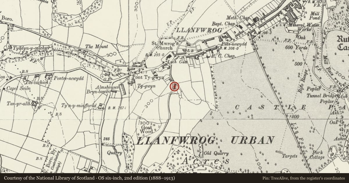 Ordnance Survey six-inch map, 2nd edition (1888–1913) covering the location of Ty Cerrig, Ruthin, Denbighshire, with a pin at the register's coordinates