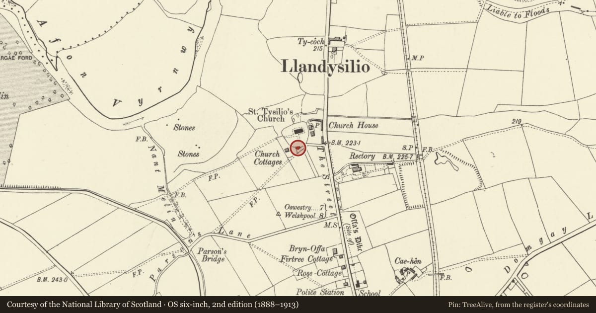 Ordnance Survey six-inch map, 2nd edition (1888–1913) covering the location of The Old School adjoining Llandysilio Churchyard, Powys, with a pin at the register's coordinates