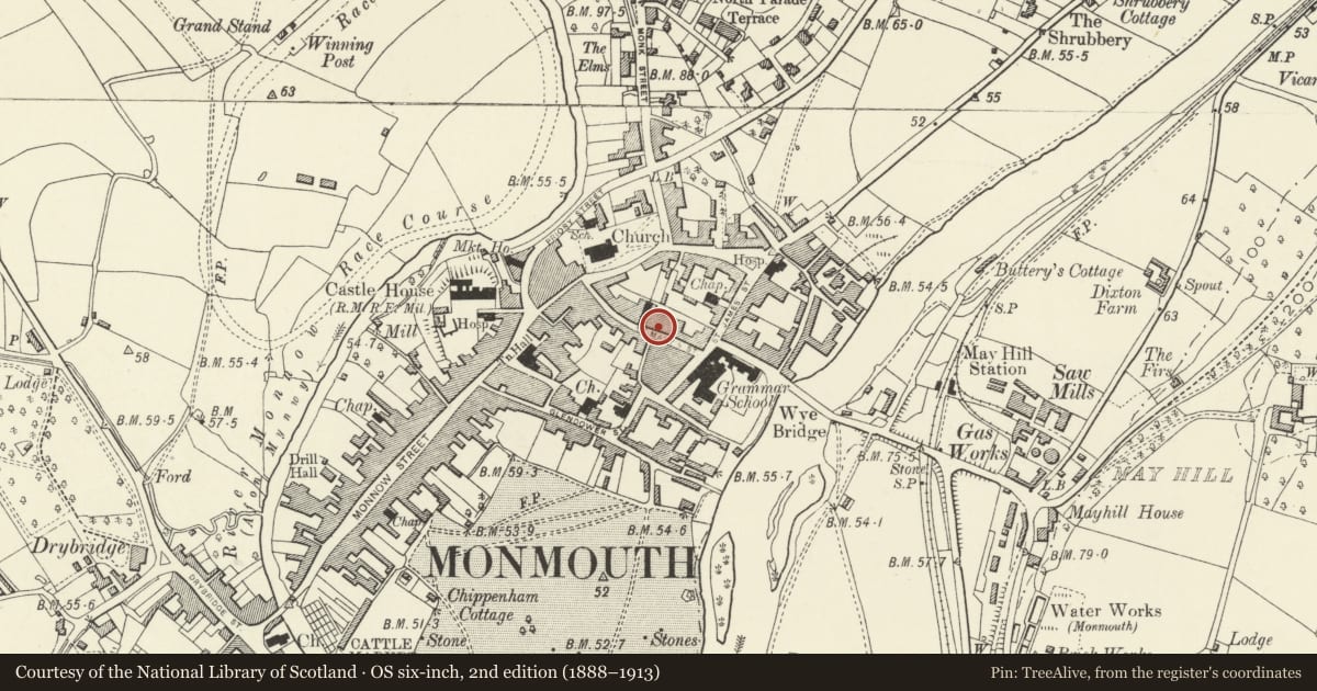 Ordnance Survey six-inch map, 2nd edition (1888–1913) covering the location of 30 St. Mary's Street, Monmouth, Monmouthshire, with a pin at the register's coordinates