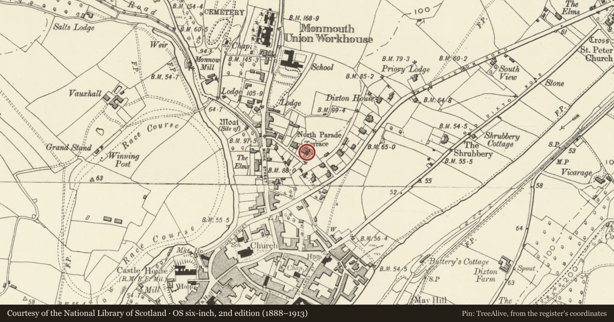 Ordnance Survey six-inch map, 2nd edition (1888–1913) covering the location of 31 Monkswell Road, Monmouth, Monmouthshire, with a pin at the register's coordinates