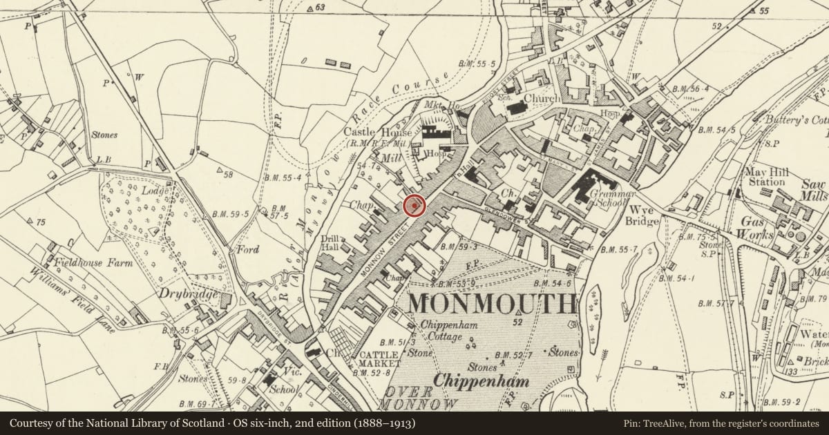 Ordnance Survey six-inch map, 2nd edition (1888–1913) covering the location of 31 Monnow Street, Monmouth, Monmouthshire, with a pin at the register's coordinates