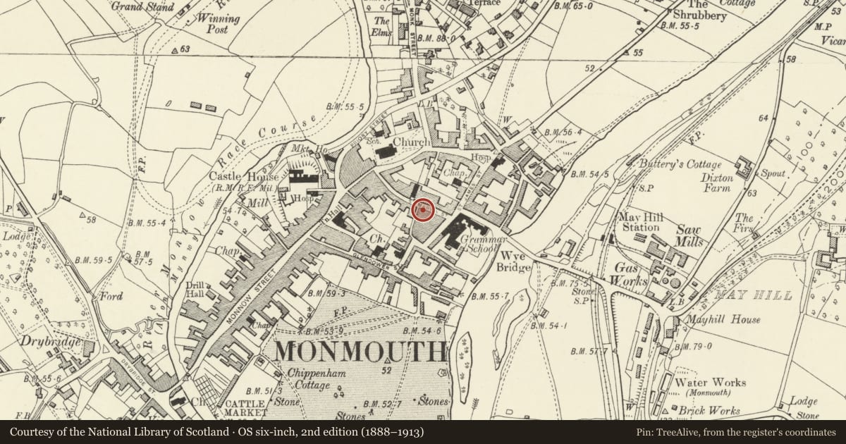 Ordnance Survey six-inch map, 2nd edition (1888–1913) covering the location of 31 St. Mary's Street, Monmouth, Monmouthshire, with a pin at the register's coordinates