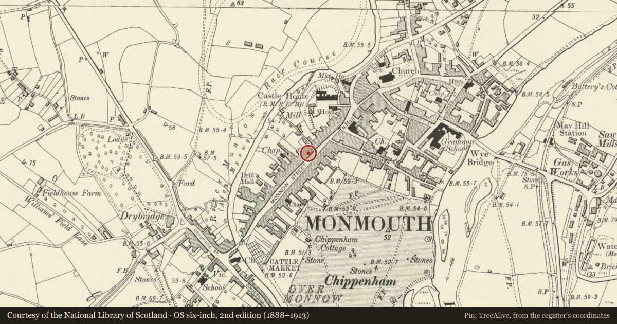 Ordnance Survey six-inch map, 2nd edition (1888–1913) covering the location of 33 Monnow Street, Monmouth, Monmouthshire, with a pin at the register's coordinates