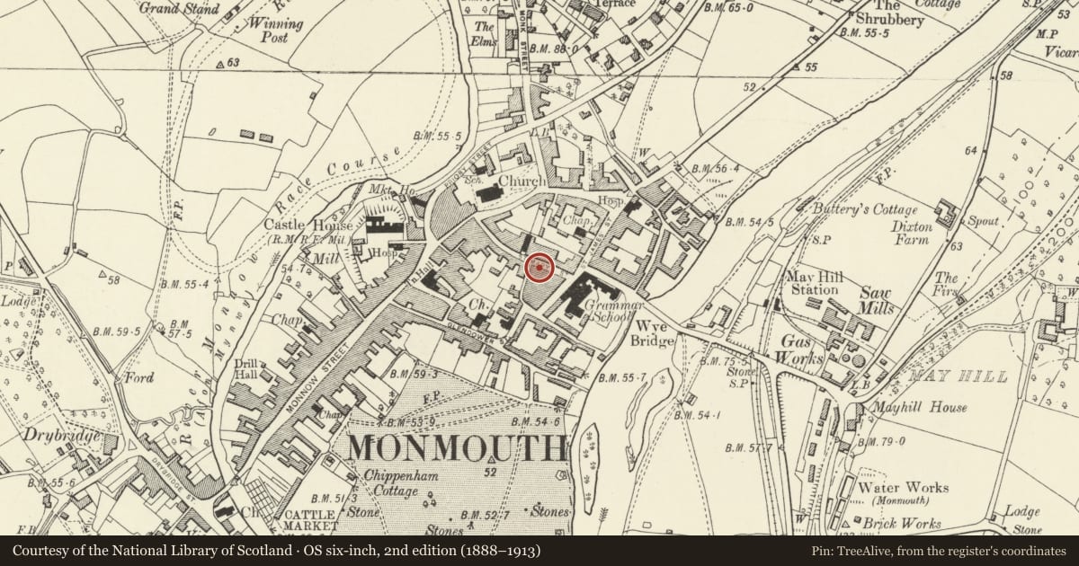 Ordnance Survey six-inch map, 2nd edition (1888–1913) covering the location of 33 St. Mary's Street, Monmouth, Monmouthshire, with a pin at the register's coordinates