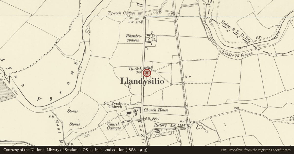Ordnance Survey six-inch map, 2nd edition (1888–1913) covering the location of Ty Coch, Llandysilio, Powys, with a pin at the register's coordinates